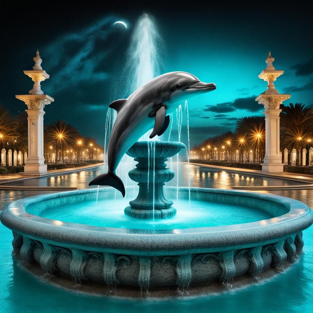 Dolphin on Ornate Fountain in Surrealist Style