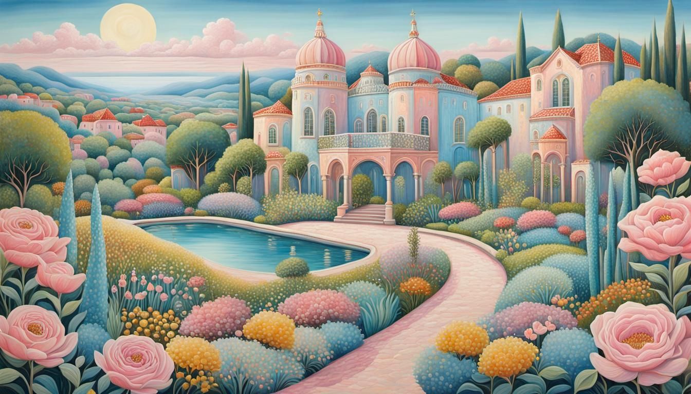 Surreal Pastel Landscape with Whimsical Architecture