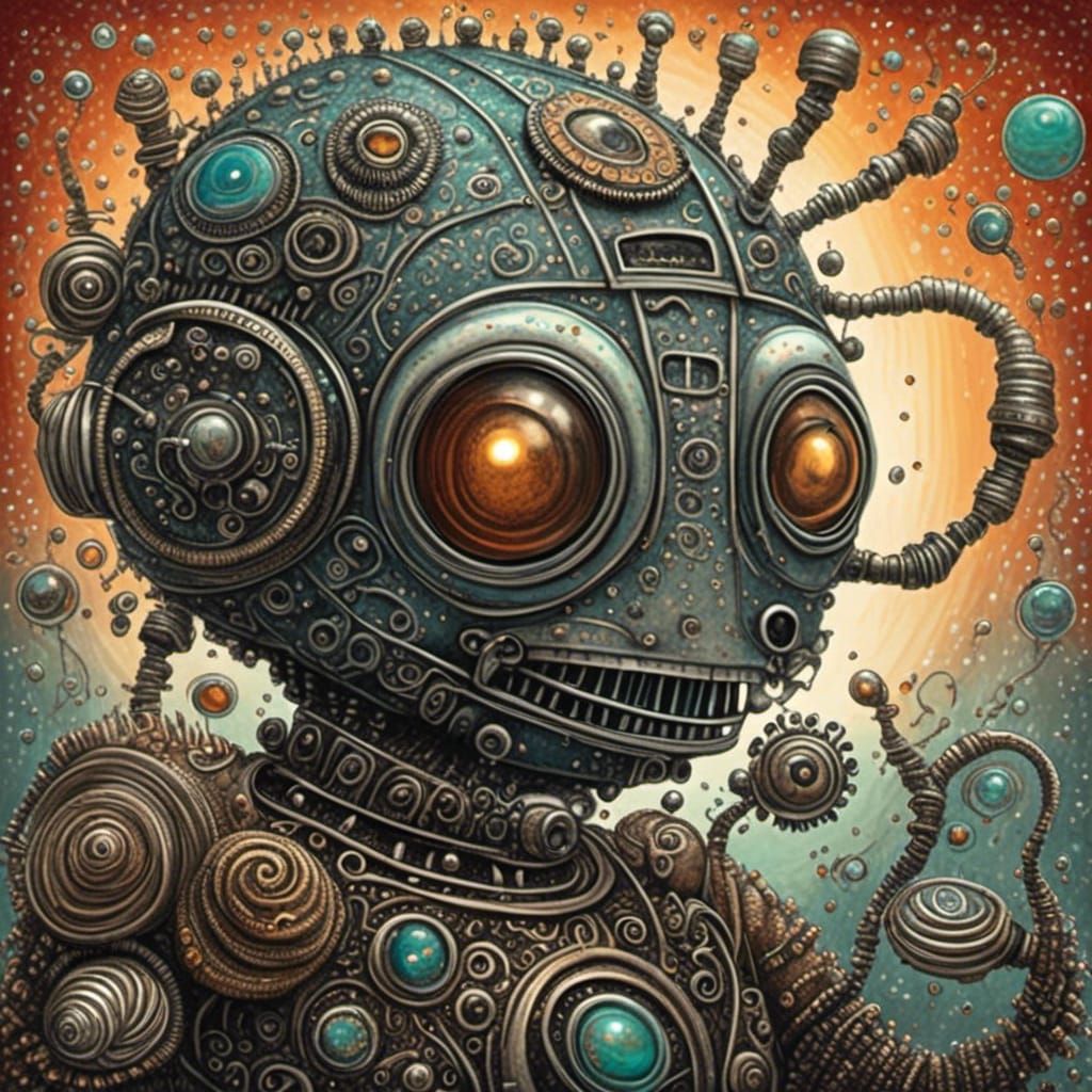 Killer Robot Portrait in Comic Zentangle Style