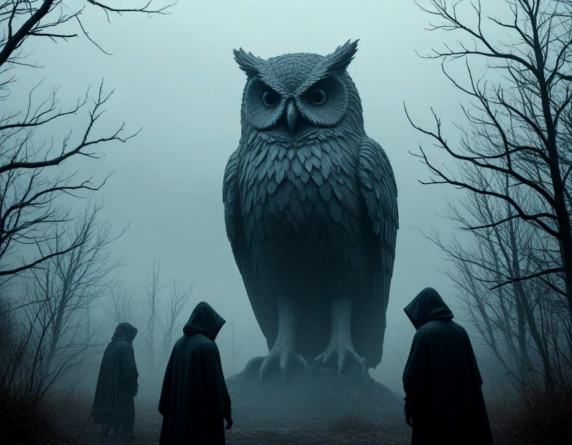 Mysterious Owl Statue Guarded by Hooded Figures in a Dark La...