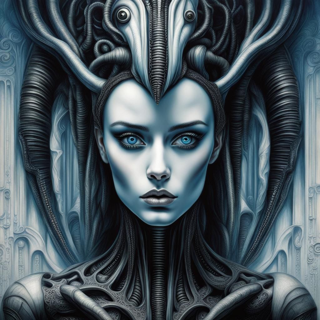 Biomechanical Girl with Blue Eyes in Giger Style
