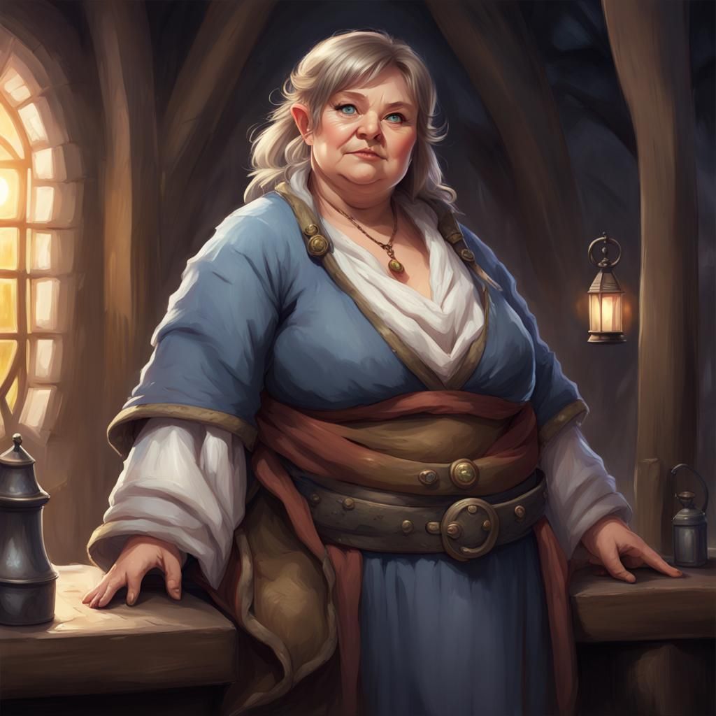 Halfling Innkeeper in Anime Style Liquid Oil Painting