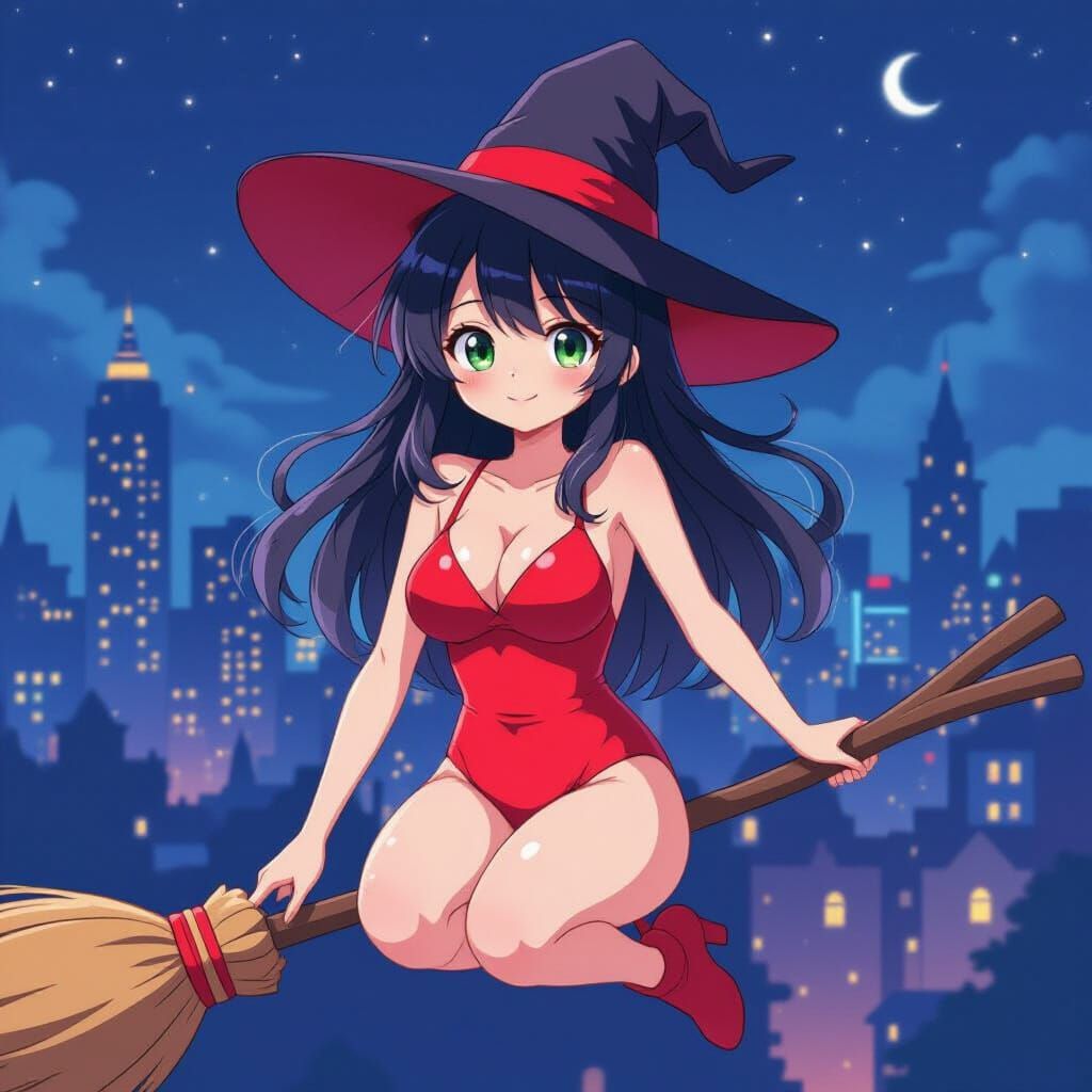 Anime Witch Flying Broom Over Night Cityscape