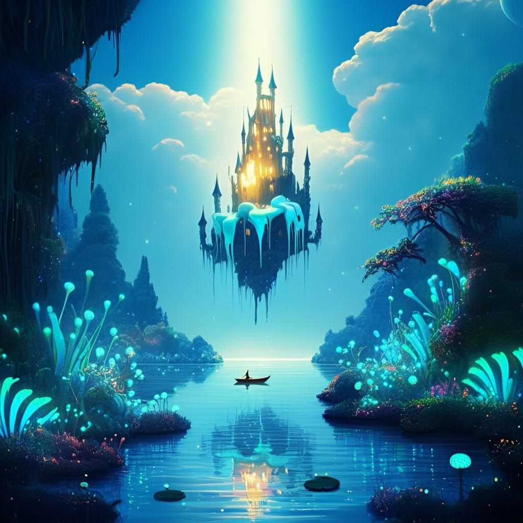 Iridescent Dreamscape with Floating Castle