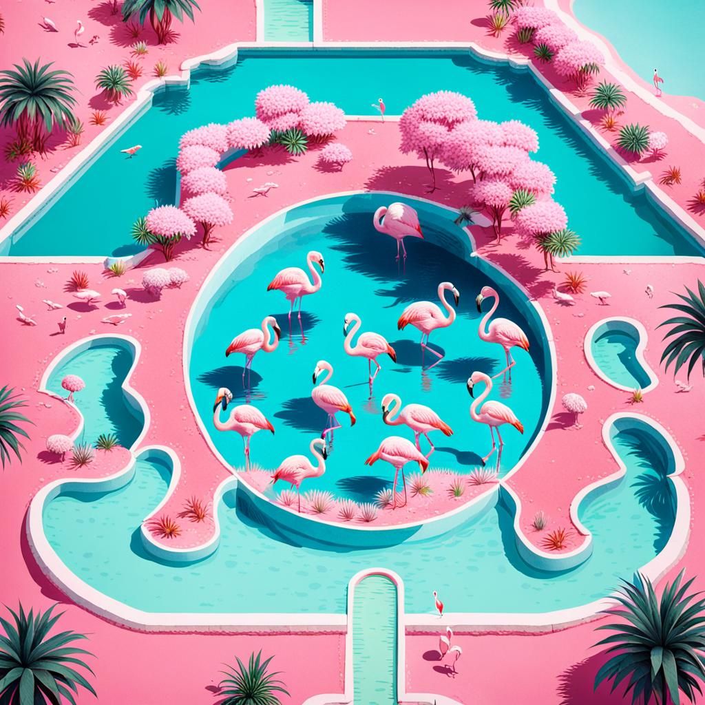 Aerial View of Pink Pool with Flamingos