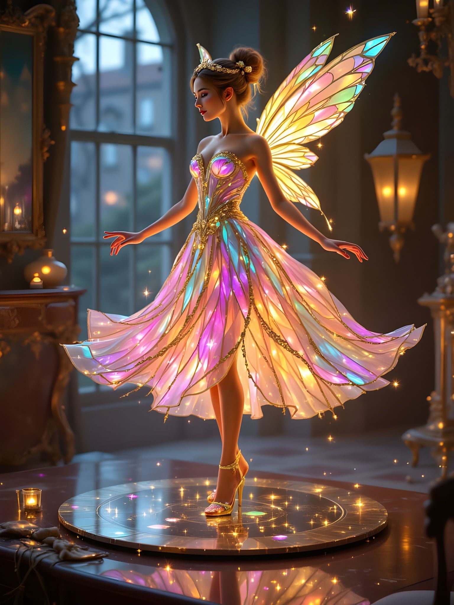 Tinkerbell Fairy Dancing in Iridescent Dress on Makeup Mirro...