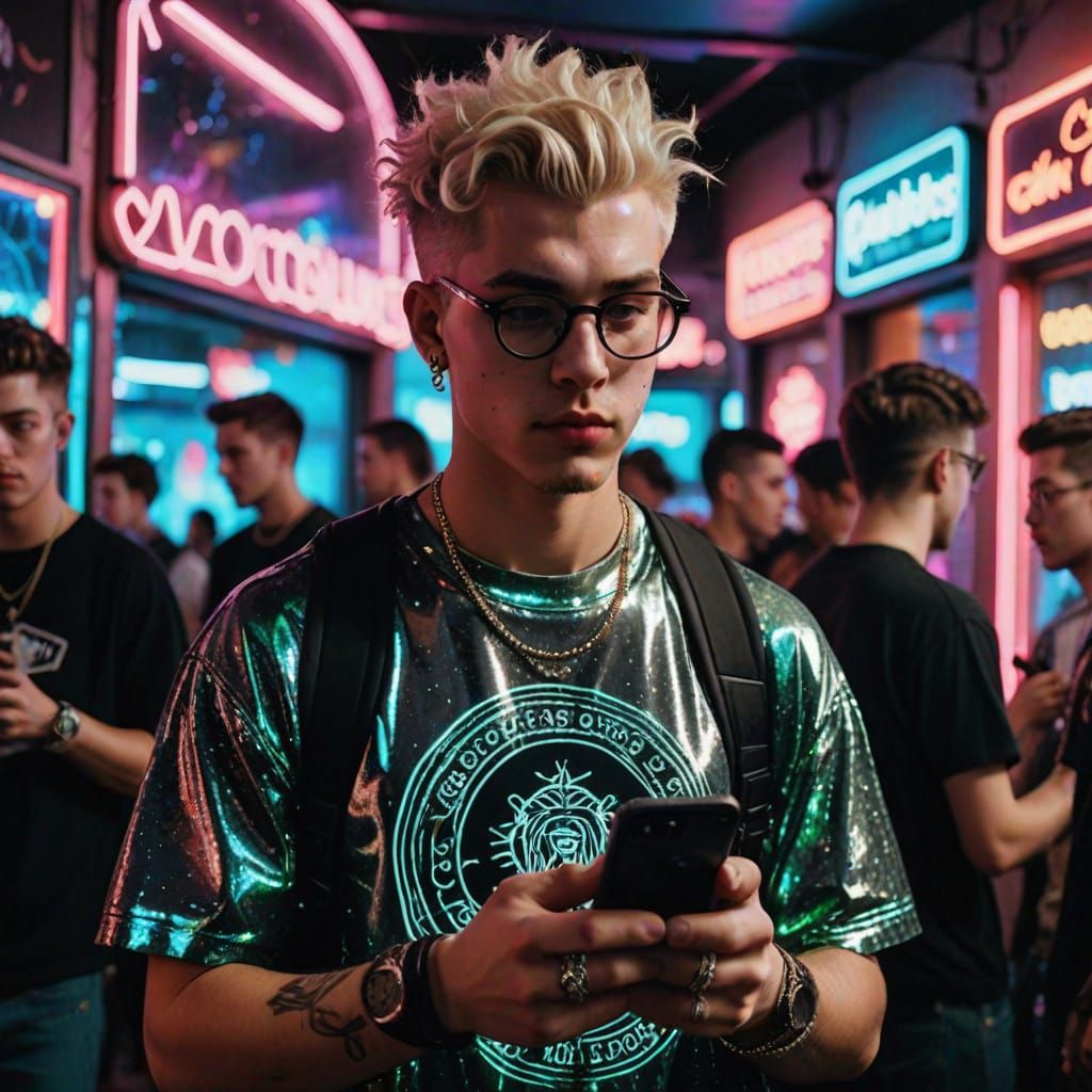 Handsome Young Guy in Neon Disco Aesthetic