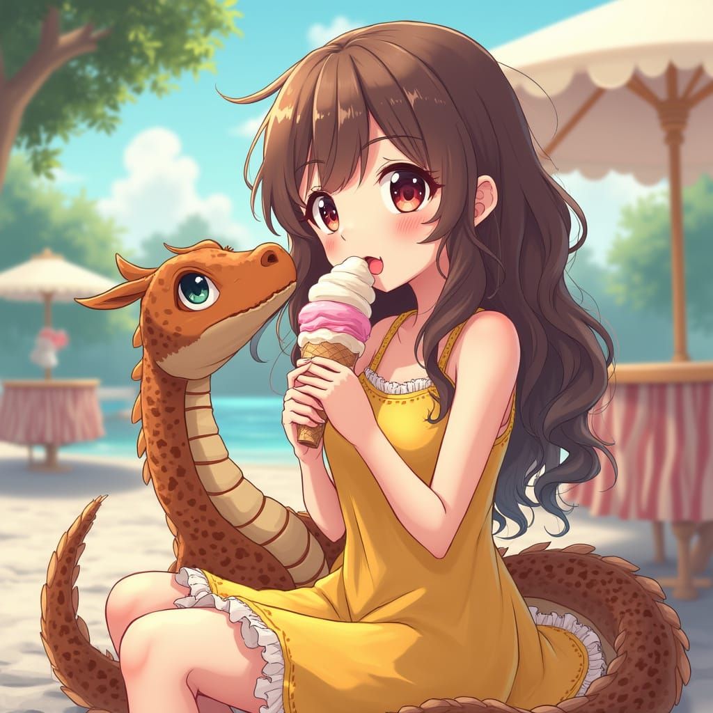 Anime Girl and Dragon Ice Cream Escapade