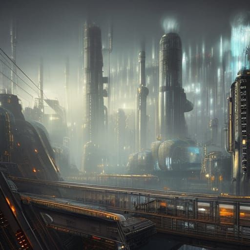 Futuristic Steampunk Megacity: Digital Matte Painting