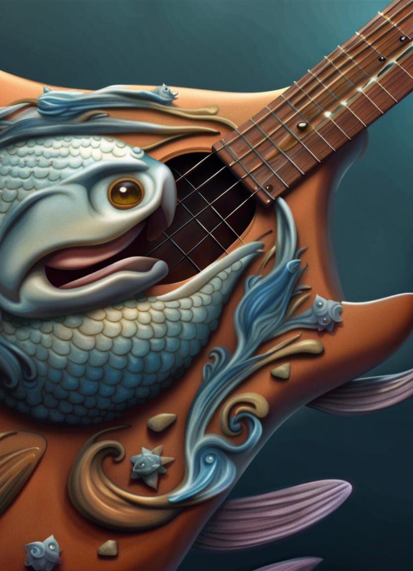 Cartoon Fish Plays Guitar: Detailed Matte Painting