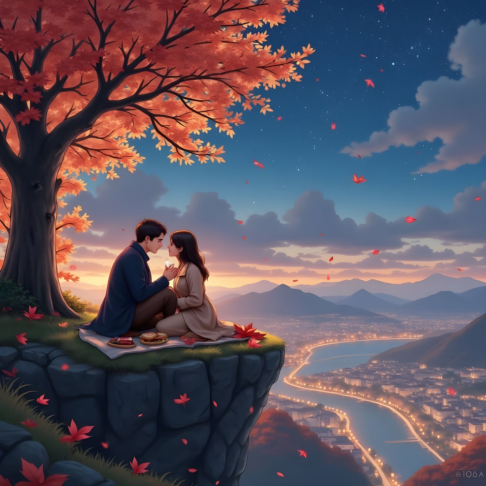 Romantic Proposal Under Cherry Trees at Night