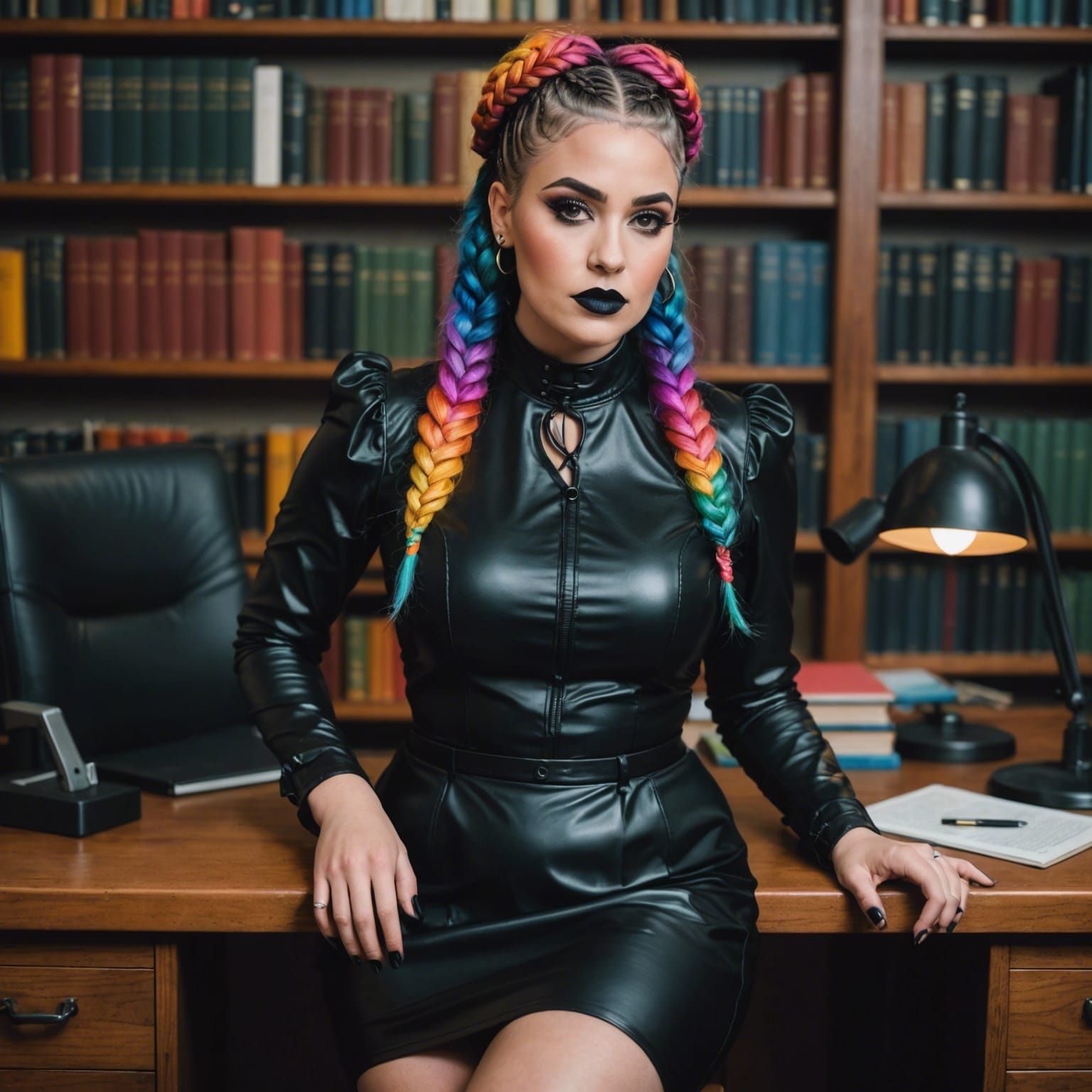Librarian with Rainbow Hair Leaning on Desk