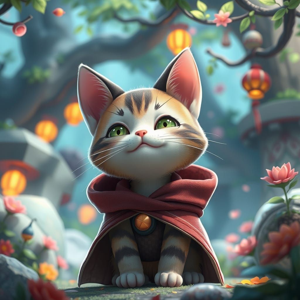 Vibrant Anime-Inspired Cat in Fantastical Cloaked Elegance