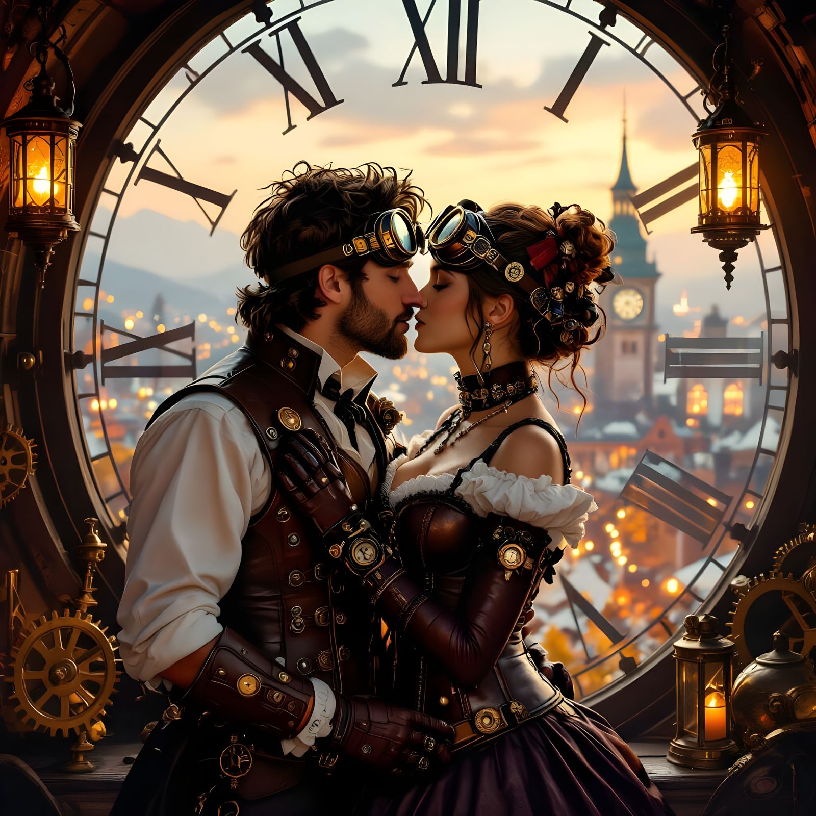 Steampunk Couple in Clock Tower at Autumn Festival