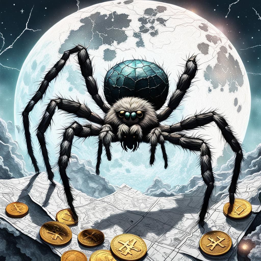 double exposure pic of hairy giant spider inside a full moon,  treasure map,silver coins,line on map to x marks spot,tex...