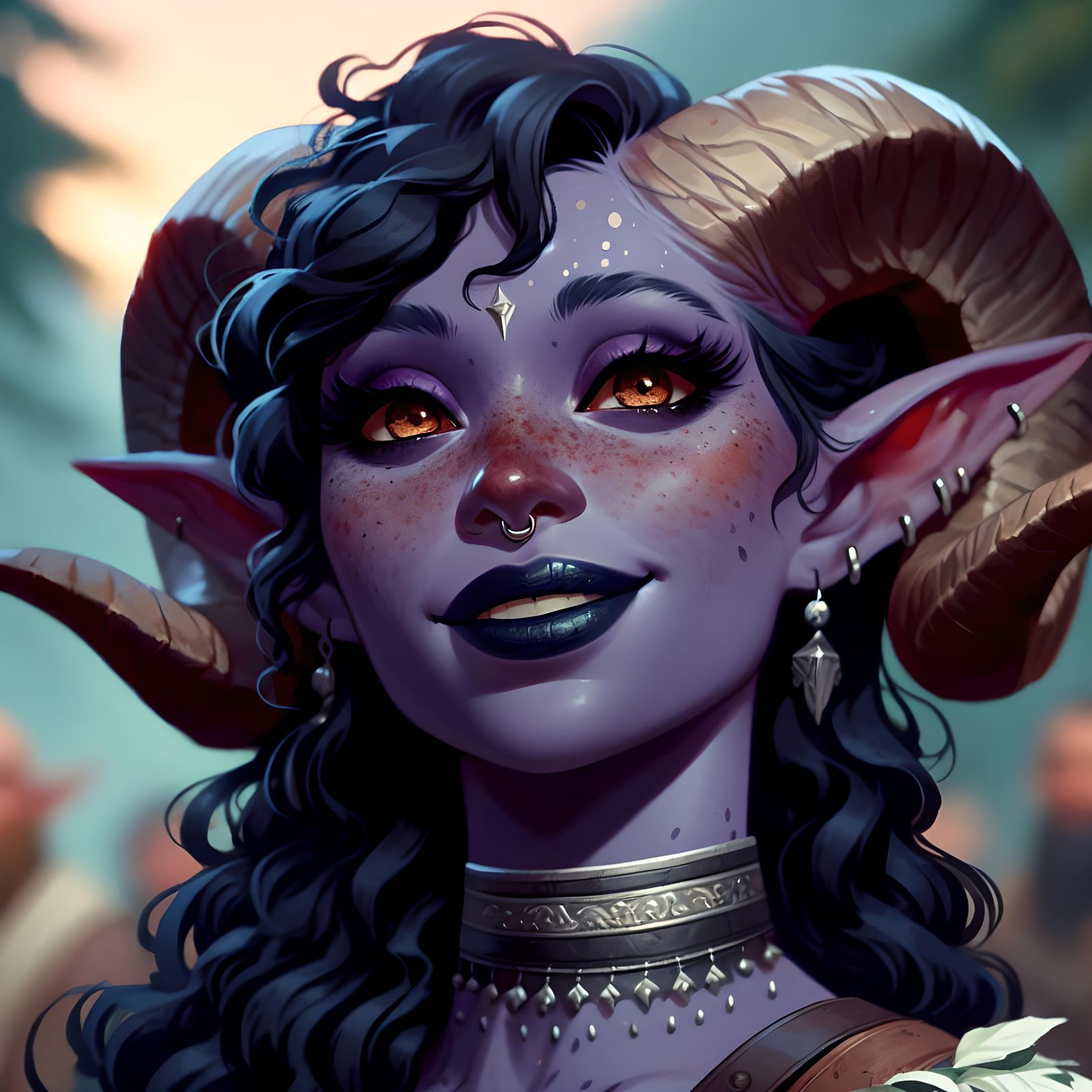 Joyful Tiefling Woman Celebrating at Fantasy Festival