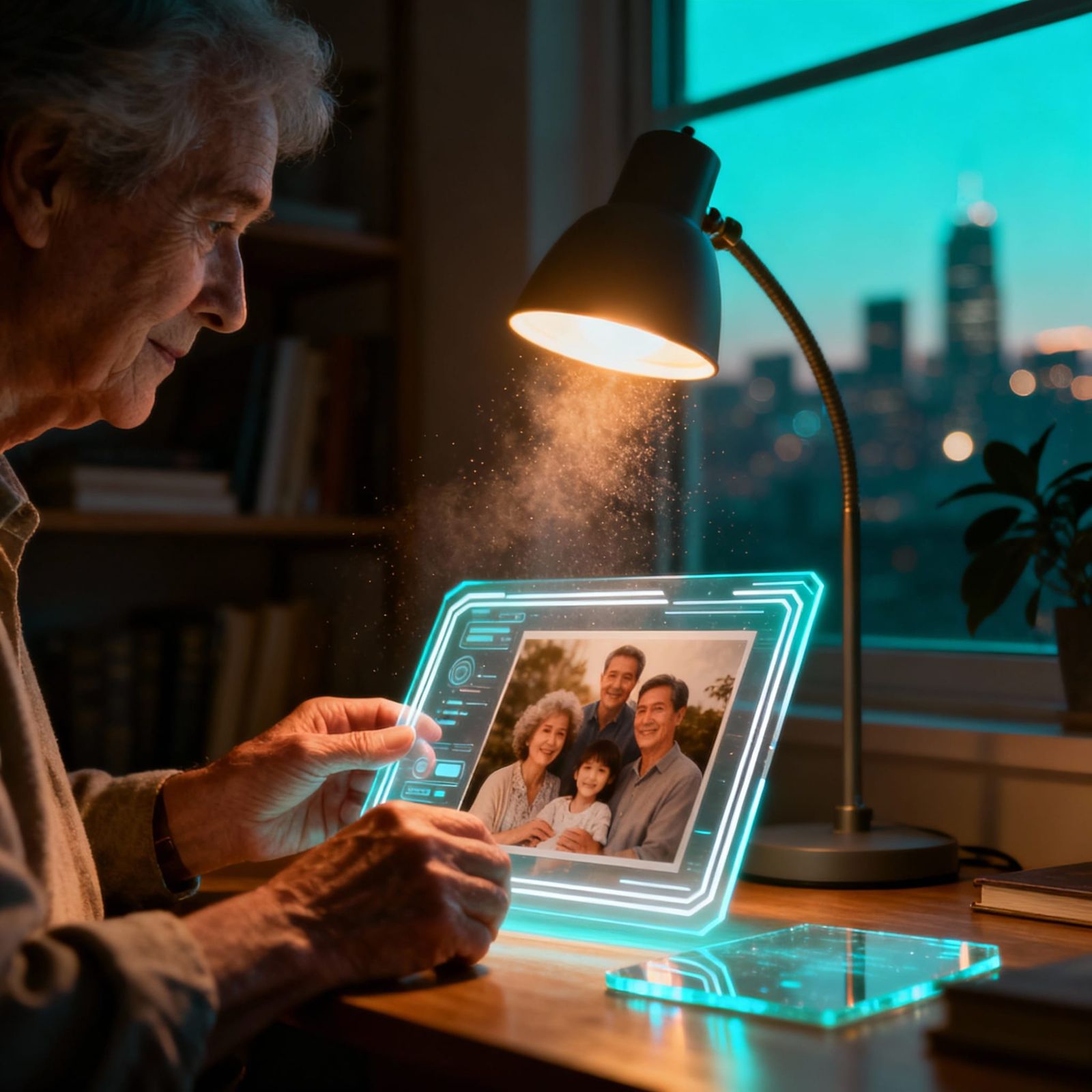 Elderly Person Reflects on Holographic Memories at Dusk