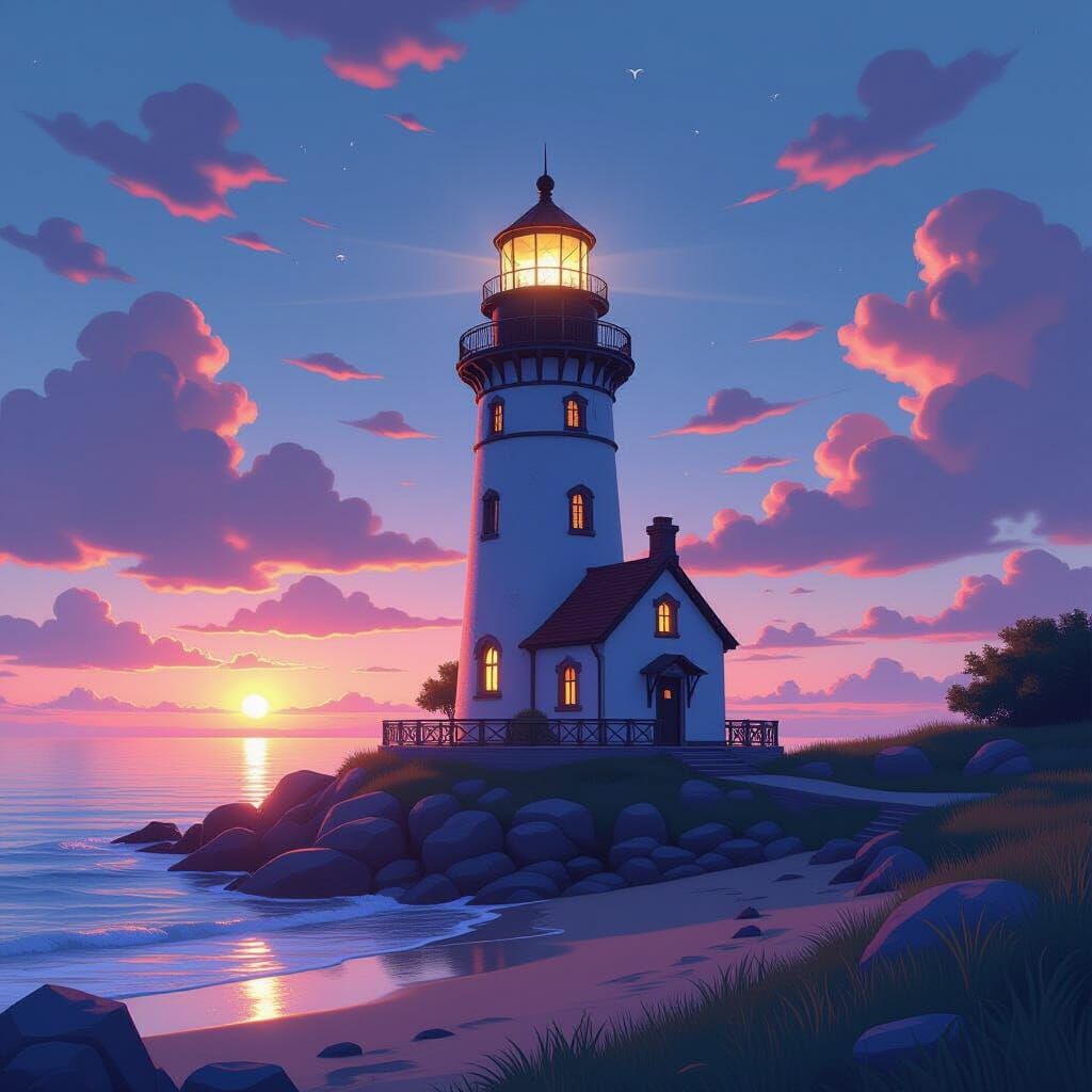Anime Lighthouse in Vibrant Coastal Landscape
