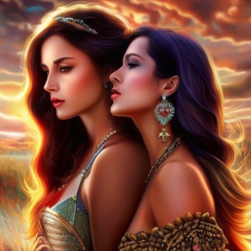 Photo-realism HDR portrait, 2 beautiful ethnic women cowgirls making love touching each other riding on horseback, flawl...