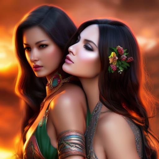 Photo-realism HDR portrait, 2 beautiful ethnic women cowgirls making love touching each other riding on horseback, flawl...