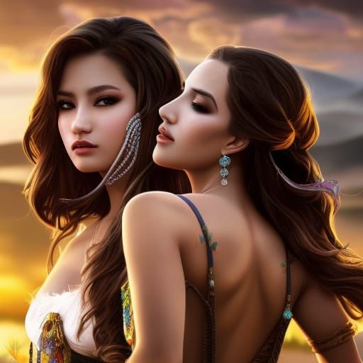 Photo-realism HDR portrait, 2 beautiful ethnic women cowgirls making love touching each other riding on horseback, flawl...