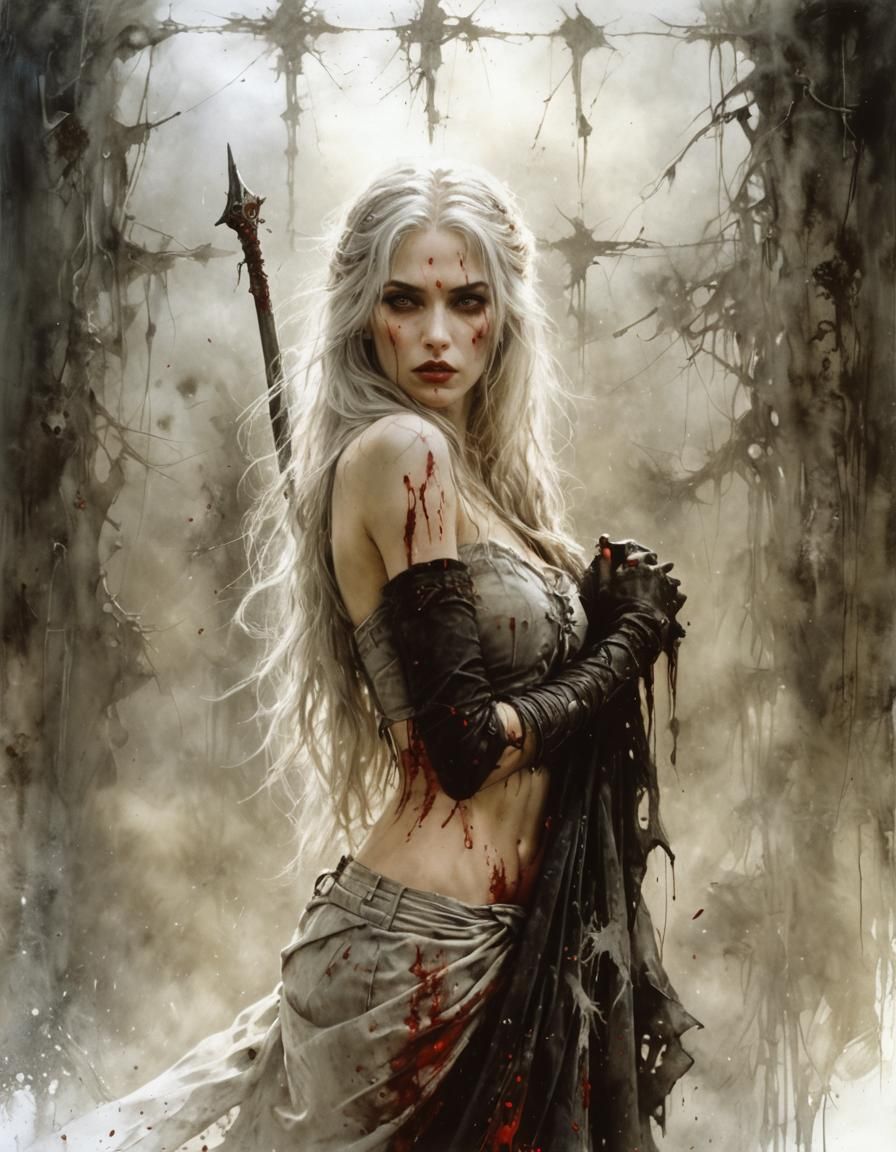 grunge effect blood splatter old full body picture scratches effect closeup of a beautiful Luz Melifique wih long windy ...