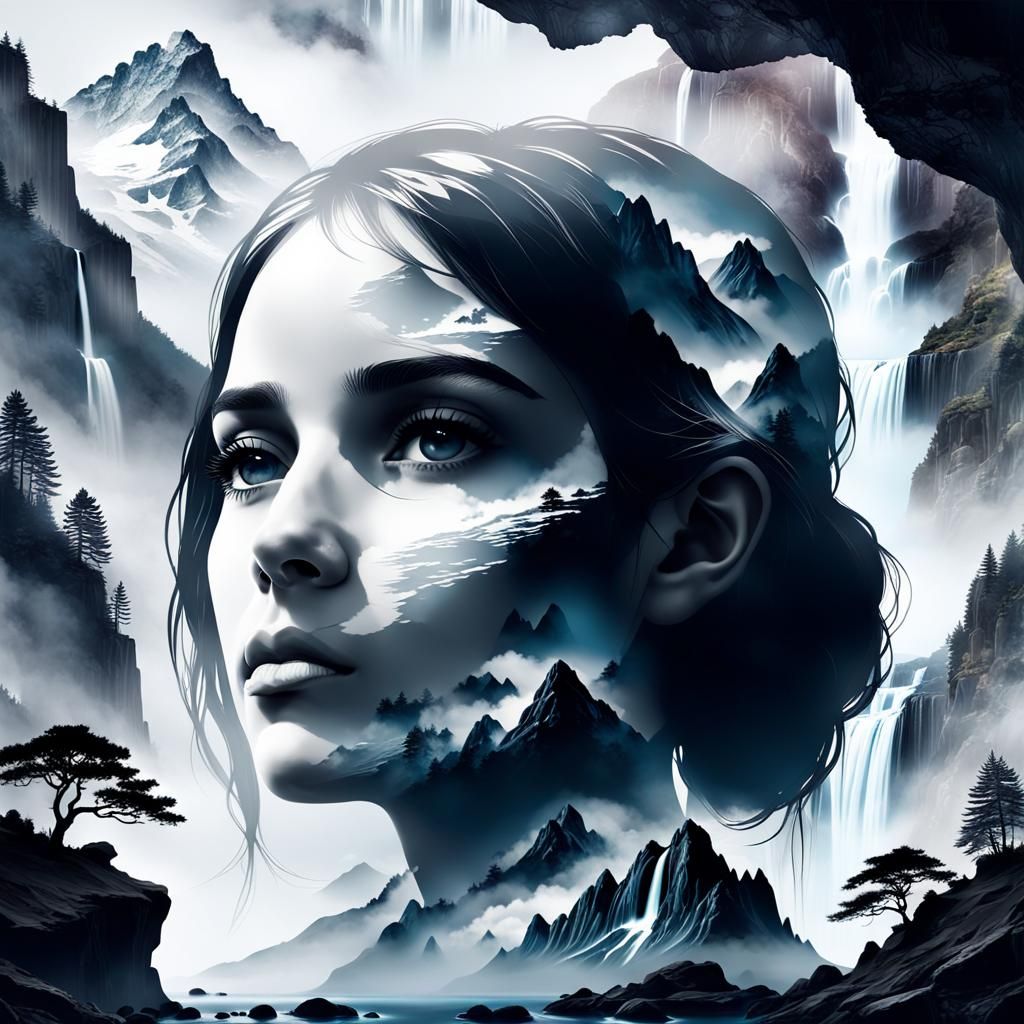 Double Exposure: Woman and Mountain Landscape in Matte Paint...