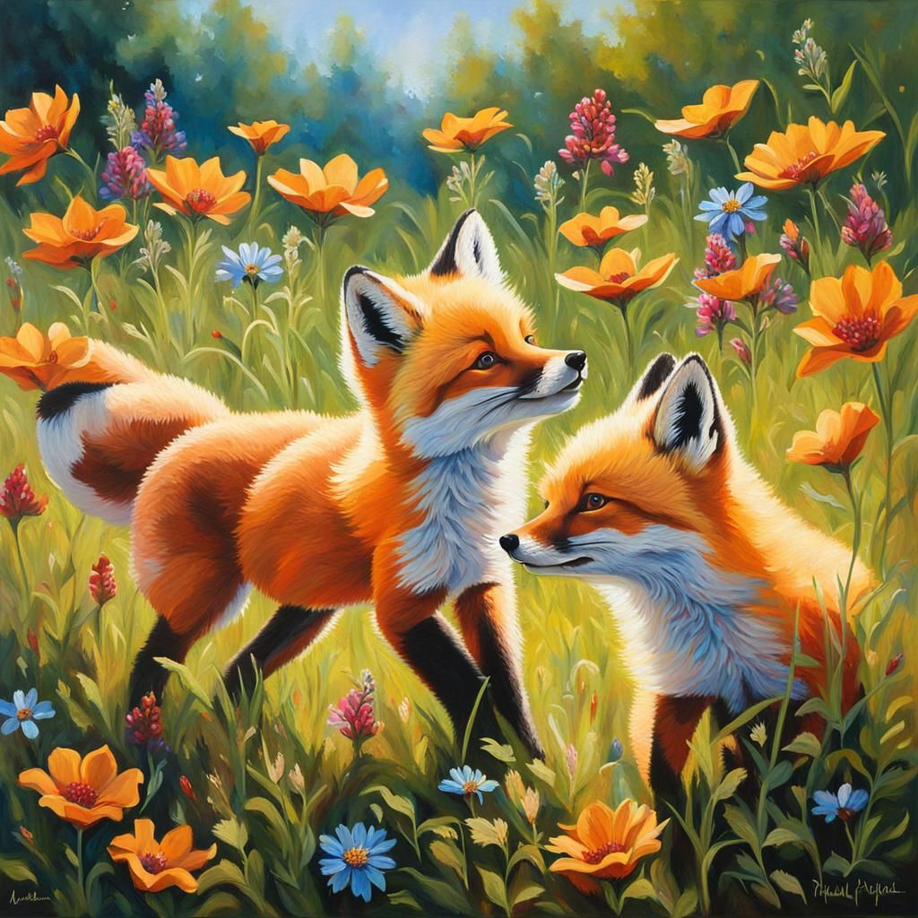 Heartwarming depiction of baby animals exploring their natural habitats, featuring baby foxes frolicking in a sunlit mea...
