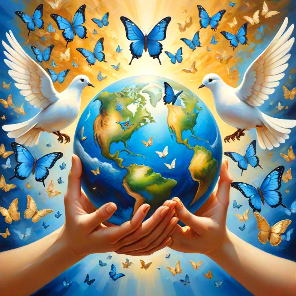 Giant Earth in Hands with Doves