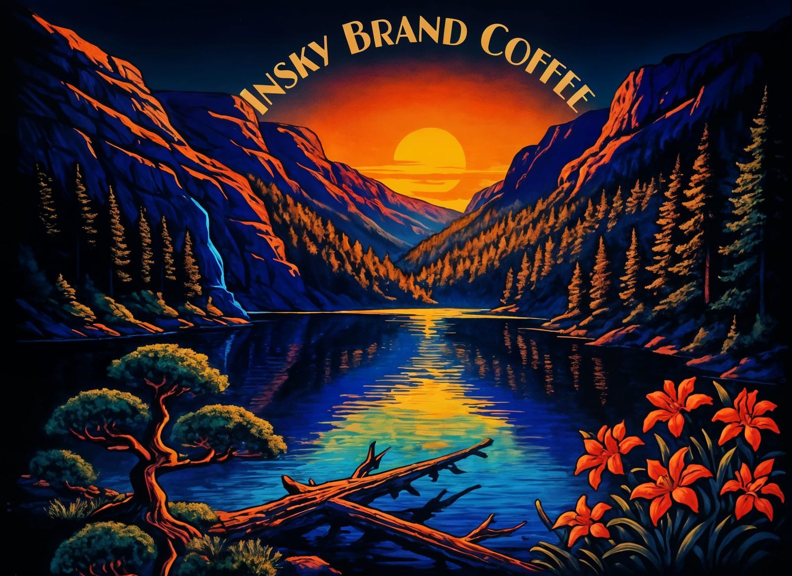 Alpine Lake Serenity in Blacklight Poster Style