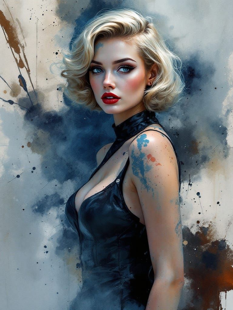 1950s Pin-Up in Whiskey-Splatter Watercolor Style