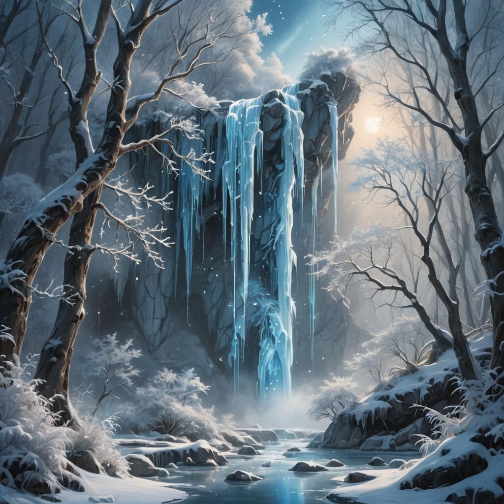 Ethereal Frozen Waterfall in Enchanted Winter Forest