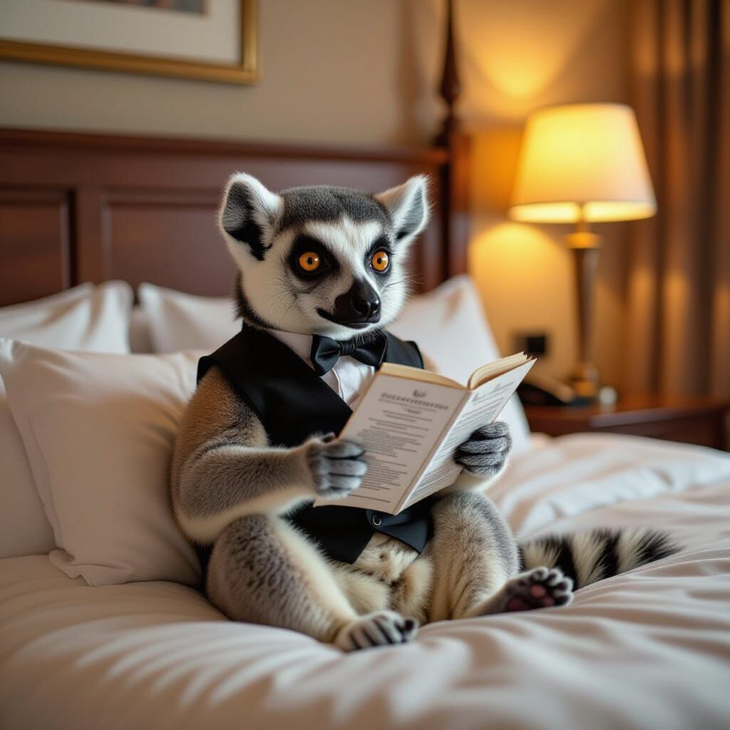 Lemur Reads Menu in Hotel Room, Digital Art
