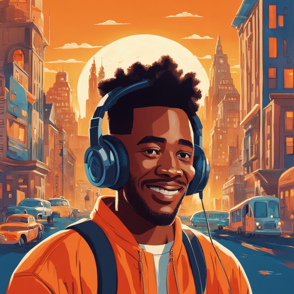 Disney Movie Poster: Confident DJ in Vibrant Cityscape