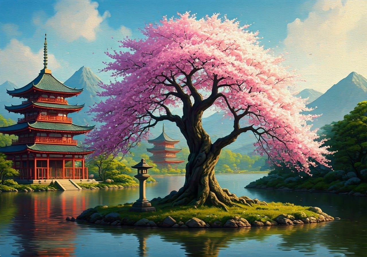 Sakura Tree and Japanese Temples in Dreamy Landscape