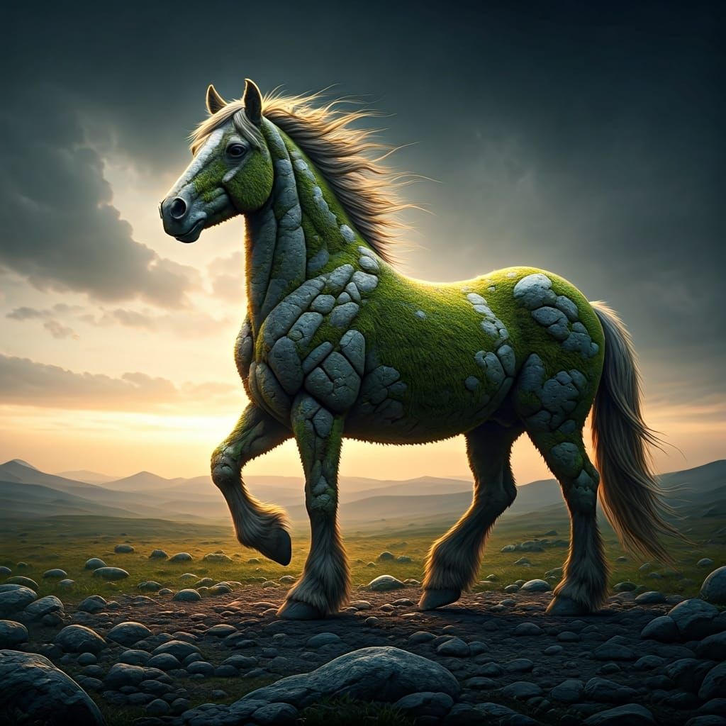 Hyperrealistic Horse Made of Grass and Rocks