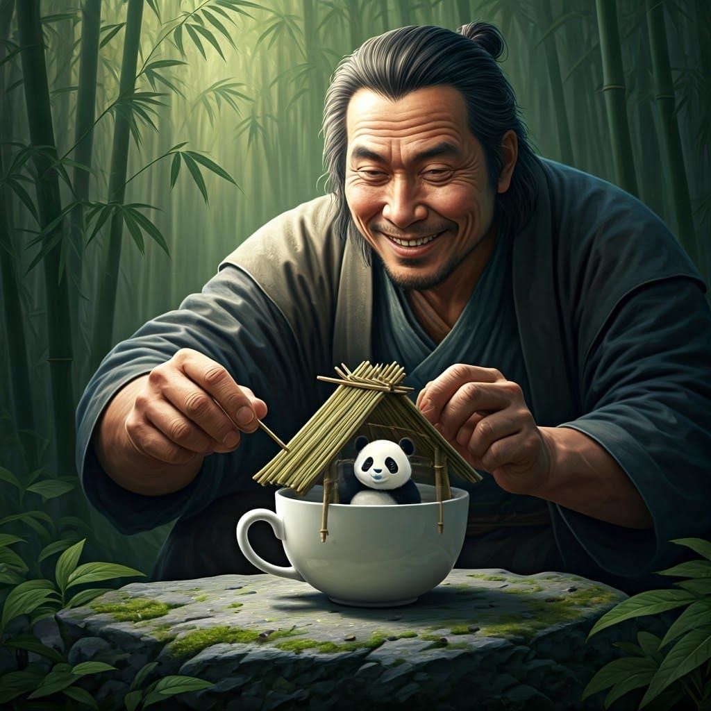 Samurai Builds Panda House in Teacup