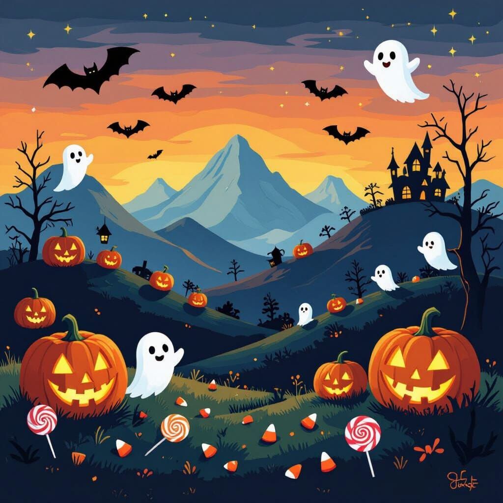 Whimsical Halloween Mountains with Pumpkins and Ghosts
