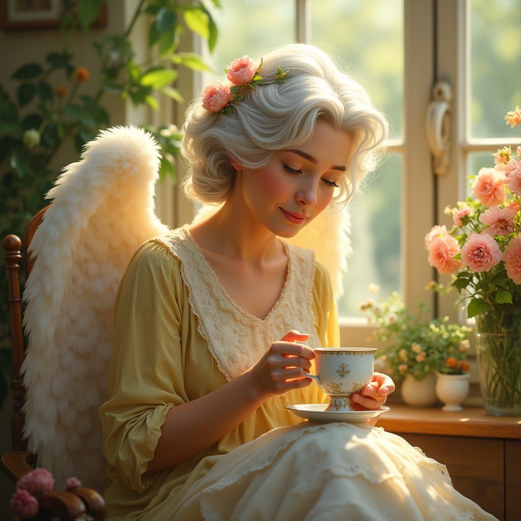 Grandmother Angel Sips Morning Coffee in Whimsical Paradise