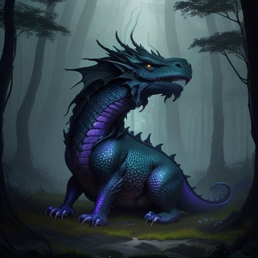 Dark Purple Dragon in Misty Forest, Fantasy Art