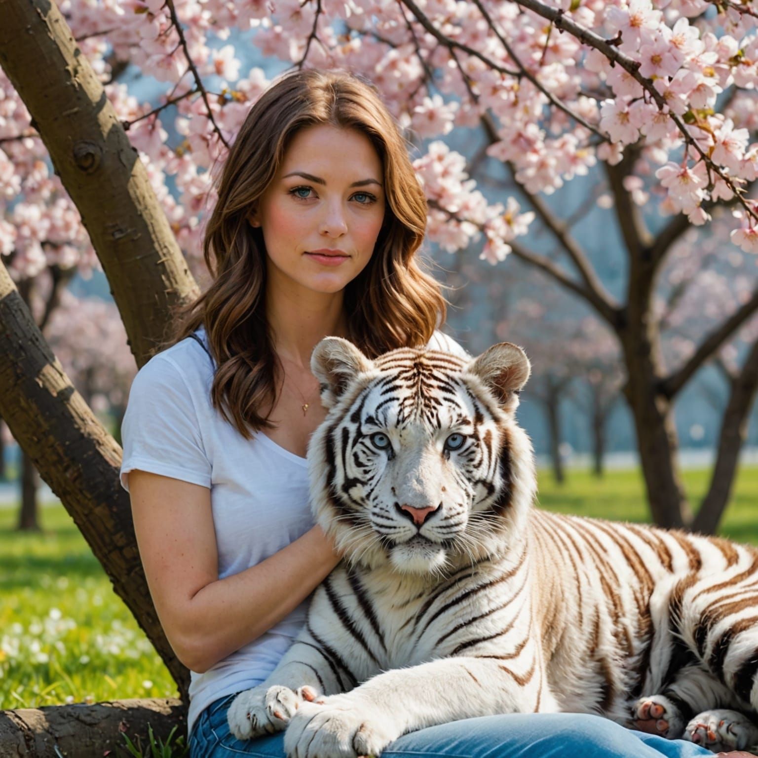 Woman and Tiger Under Cherry Blossom Tree in Pixar Style