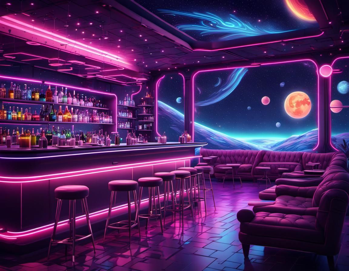 Neon Space Retro Lounge Bar with Starry Night