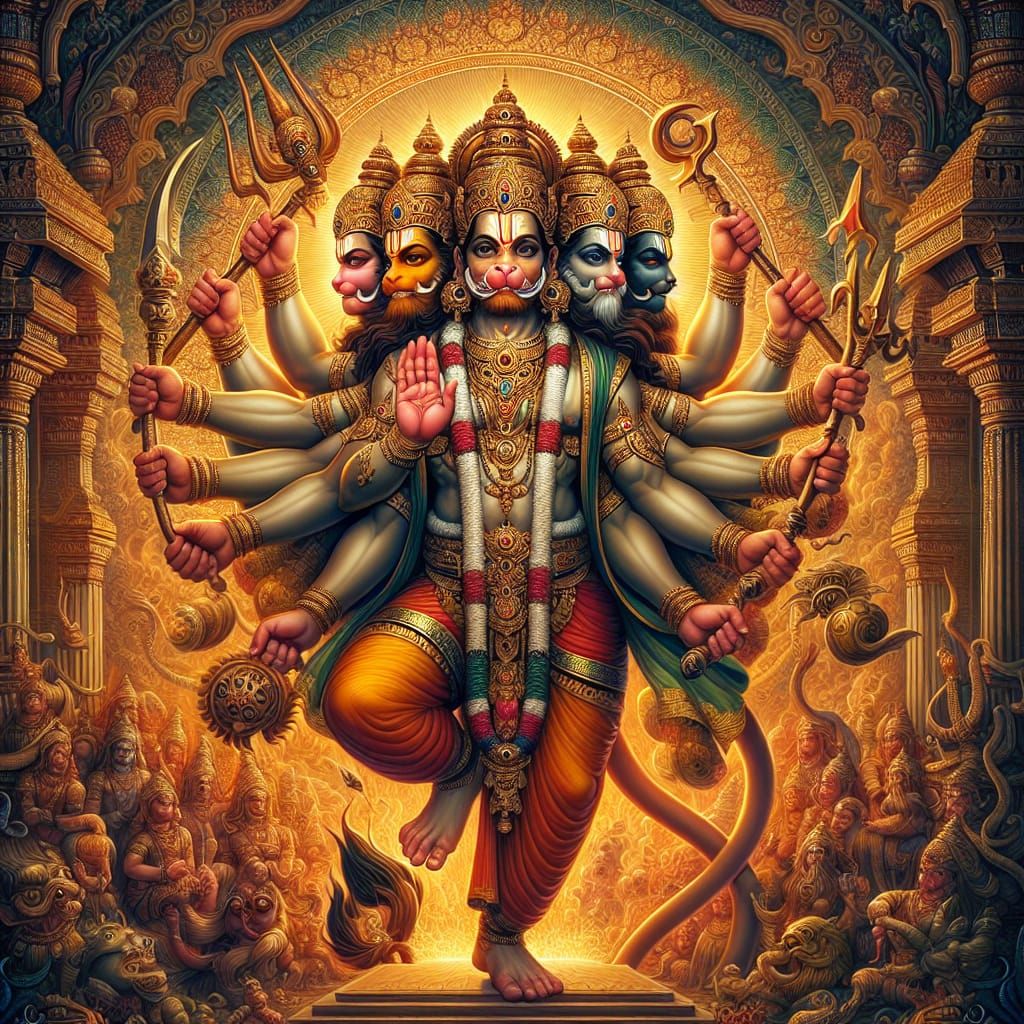 Panchamukhi Hanuman Temple Painting in Vibrant Colors