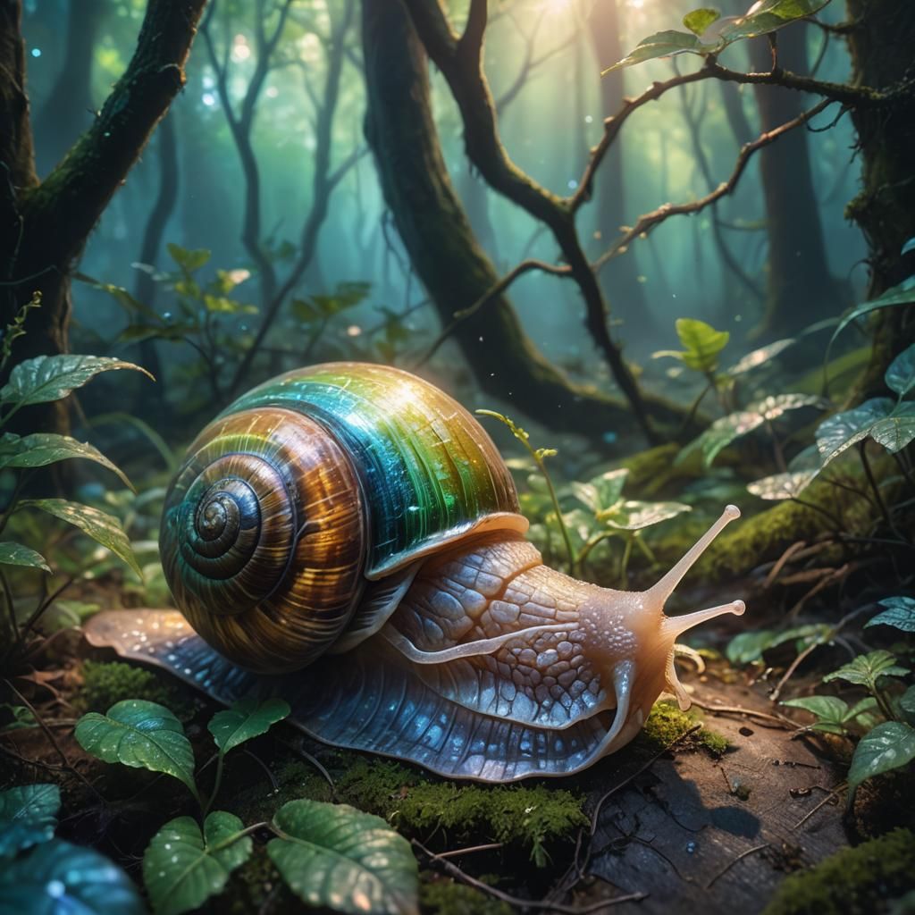 Iridescent Snail in Mystical Forest, Digital Painting