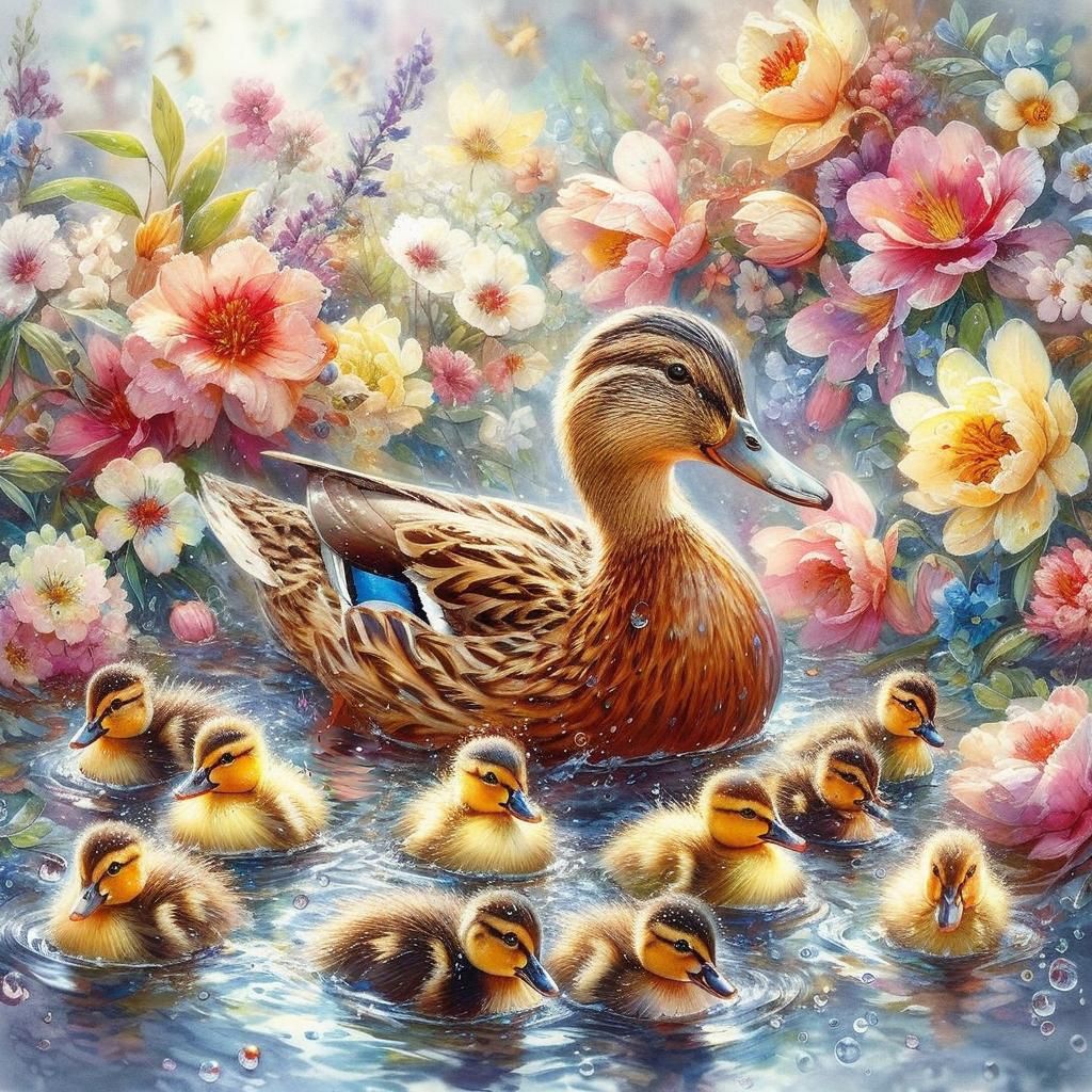 Family of Ducks: Watercolor Riverbank Scene