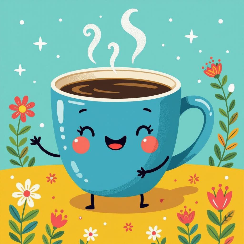 Cheerful Coffee Cup Character in Whimsical Style