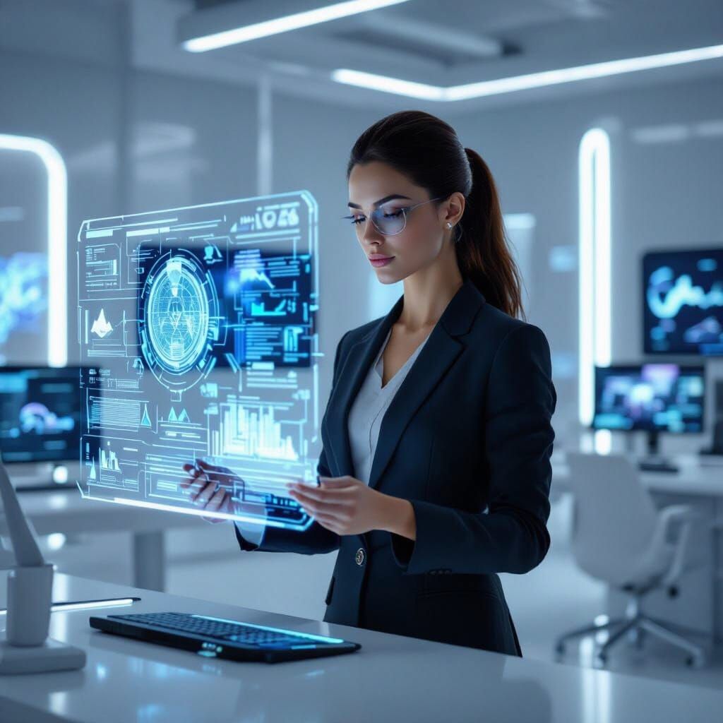 Modern Athena CEO in High-Tech Office, Matte Painting