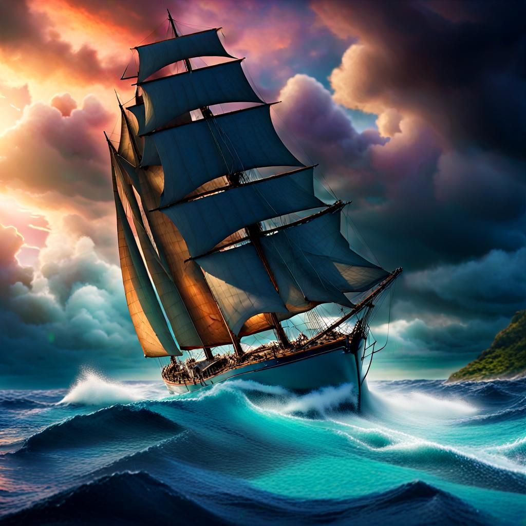 Sailboat Navigating High Seas in Cinematic Still