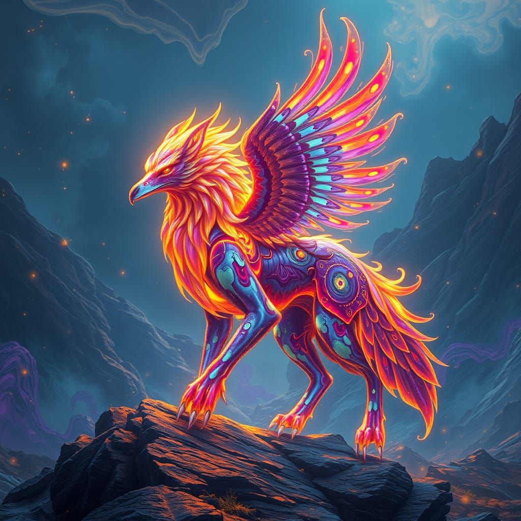 Glowing Wolf-Eagle Hybrid in Mystical Fantasy Landscape