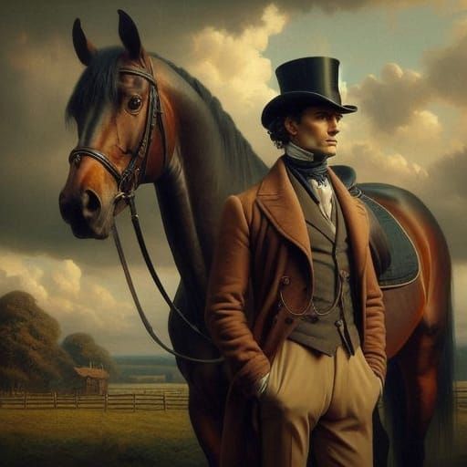 Elegant 18th-Century Equestrian Portrait in Warm Earthy Tone...